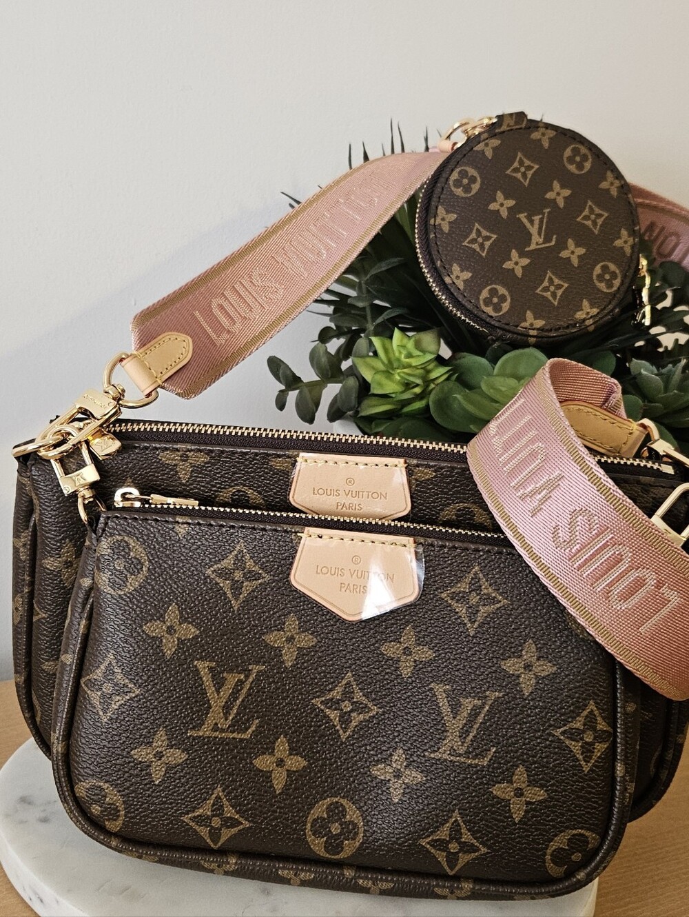 Designer Inspired Brown Monogram Crossbody with Pink Signature Strap - Picture 5 of 6